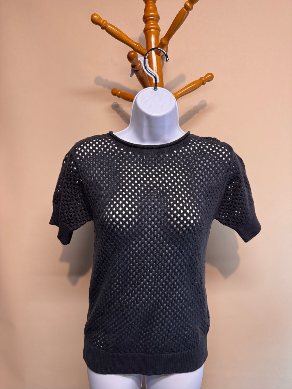 Gap Dark Grey Open-Knit Short Sleeve Top - Women's Crewneck